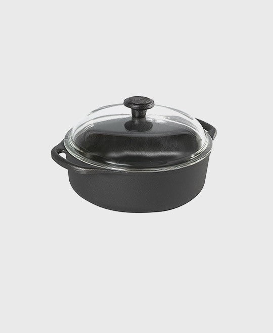 Black cast iron casserole 3 L round with glass lid and two iron handles