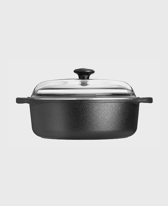 Black cast iron casserole 3 L round with glass lid and two iron handles