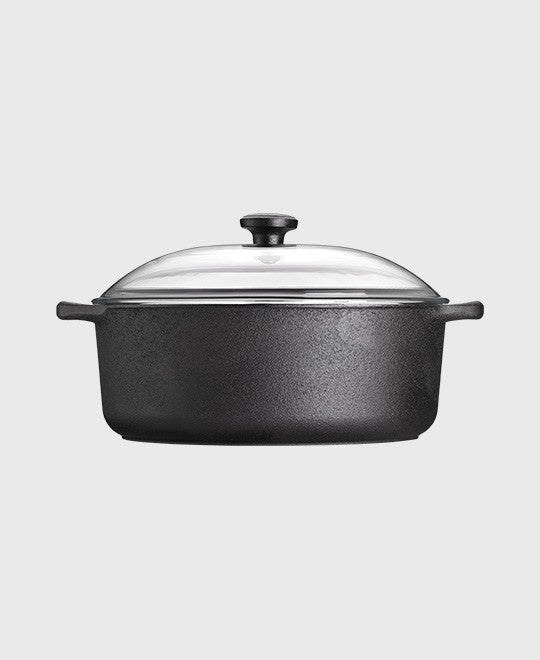 Black cast iron casserole 5,5 L round with glass lid and two iron handles
