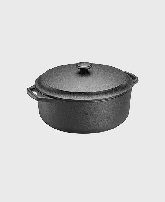 Black cast iron casserole 5,5 L round with iron lid and two iron handles