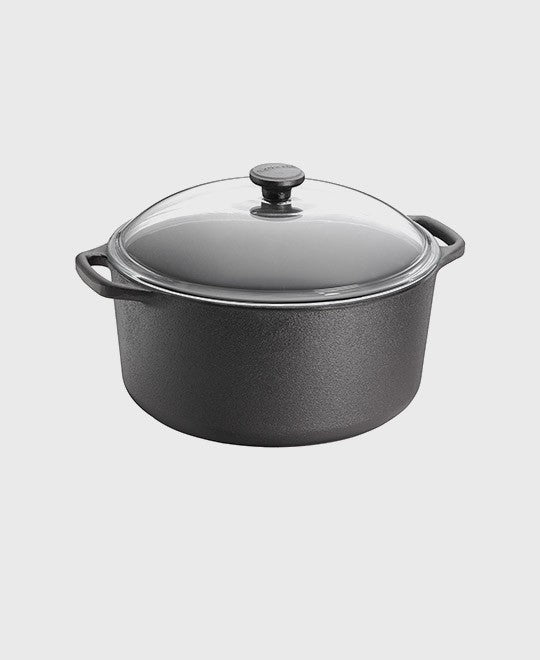 Black cast iron casserole 7 L round with glass lid and two iron handles