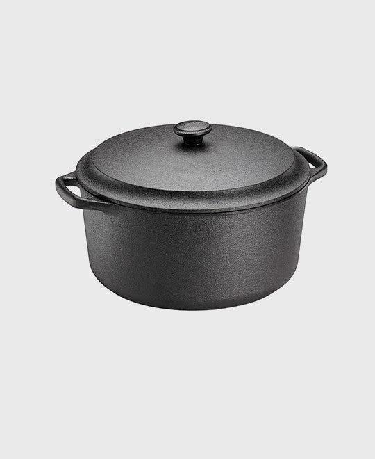 Black cast iron casserole 7 L round with iron lid and two iron handles