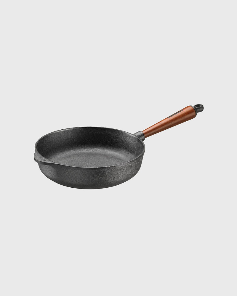 Black cast iron deep pan 25 cm round with beechwood handle
