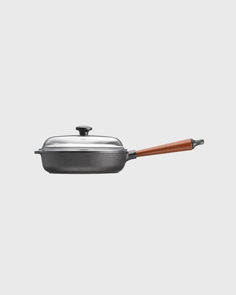 Black cast iron deep pan 25 cm round with glass lid and beechwood handle