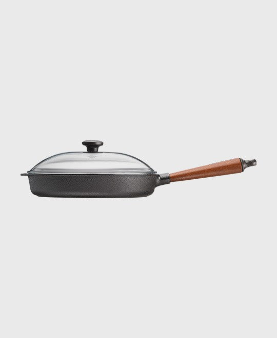 Black cast iron deep pan round 28 cm with glass lid and beechwood handle