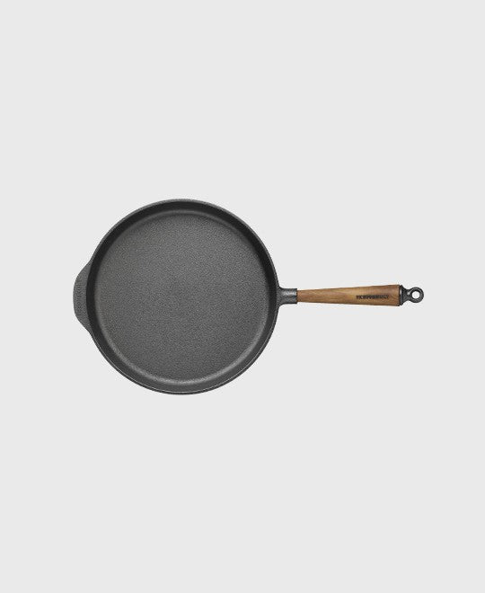 Black cast iron deep pan round 30 cm with walnut wood handle
