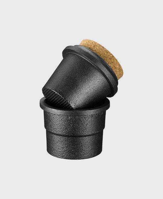 Black cast iron spice mortar and storage jar with cork lid, ideal for pepper and dry herbs