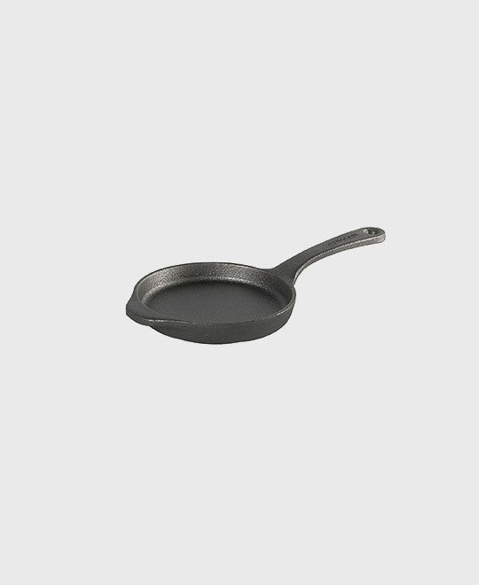 Black cast iron frying pan round 13 cm with iron handle