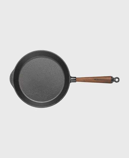 Black cast iron frying pan round 24 cm with walnut wood handle