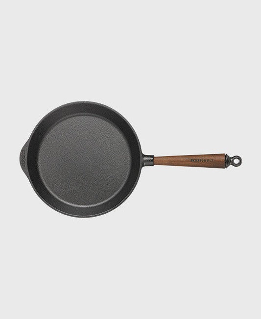 Black cast iron frying pan round 26 cm with walnut wood handle