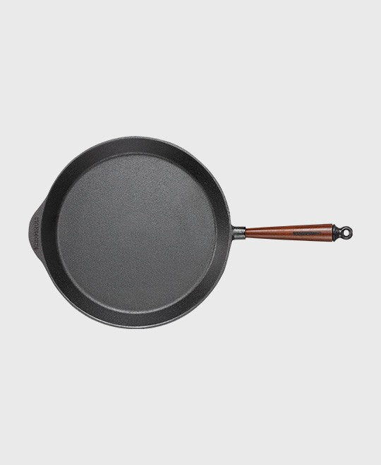Black cast iron frying pan round 36 cm with beechwood handle