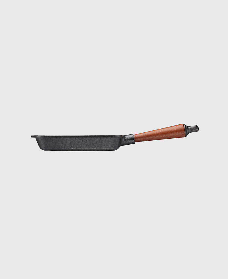 Black cast iron frying pan square beechwood handle