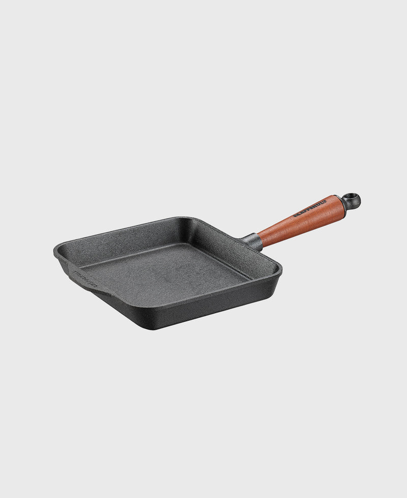 Black cast iron frying pan square beechwood handle
