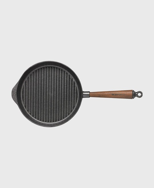 Black cast iron grill pan round 25 cm with walnut wood handle