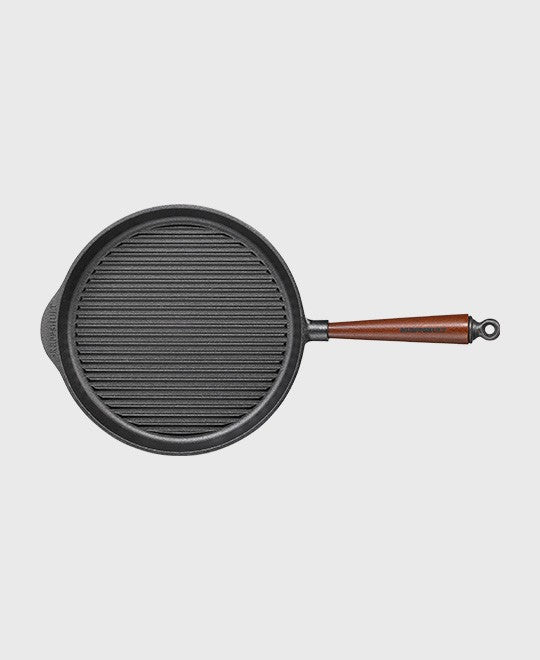 Black cast iron grill pan round 28 cm with beechwood handle