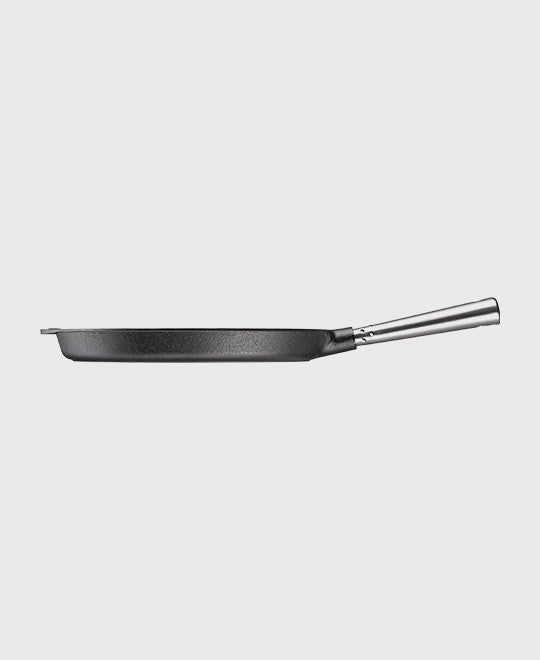 Black cast iron grill pan round 28 cm with self-ventilating stainless steel handle