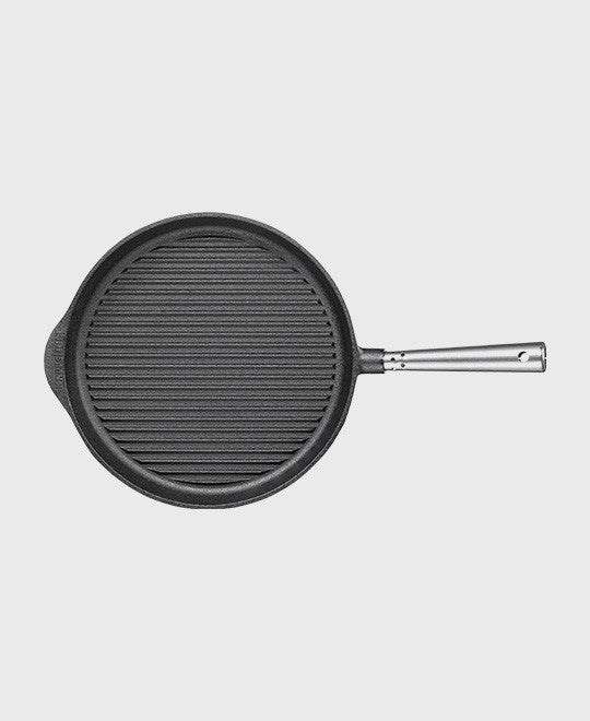 Black cast iron grill pan round 28 cm with self-ventilating stainless steel handle