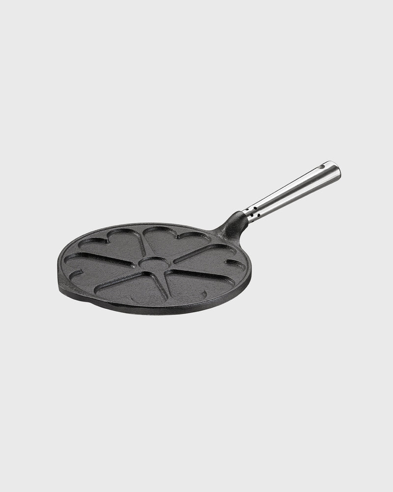 Black cast iron heart pancake pan round 23 cm with self-ventilating stainless steel handle