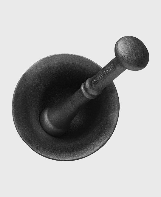 Black cast iron spice mortar and pestle 11,5 cm set for grinding herbs and spices