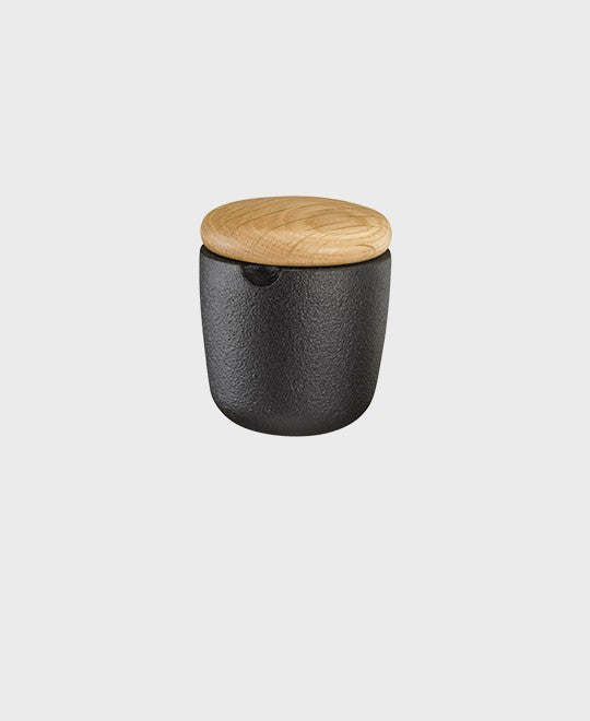 Black cast iron salt and spice bowl small swing with oak lid
