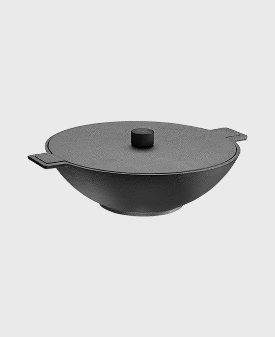 Black cast iron wok pan 34 cm round with cast iron lid and anodised aluminium knob