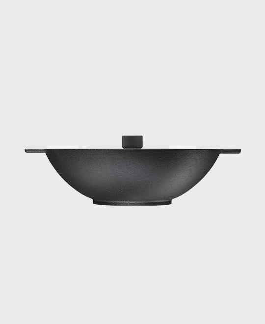 Black cast iron wok pan 34 cm round with cast iron lid and anodised aluminium knob