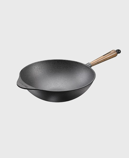 Black cast iron wok pan round 32 cm with walnut wood handle