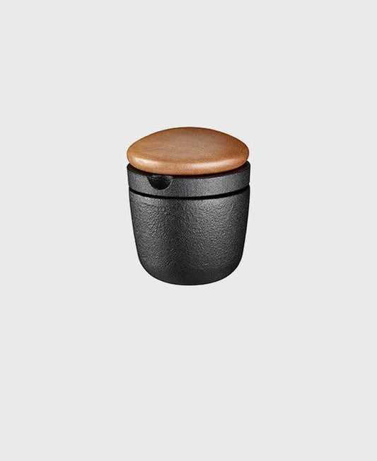 Black cast iron spice mill small swing and storage jar with walnut lid, ideal for pepper and dry herbs
