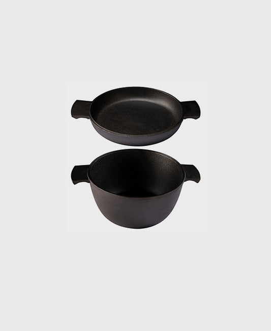 Black cast iron casserole 3 L and frying pan 23 cm round 