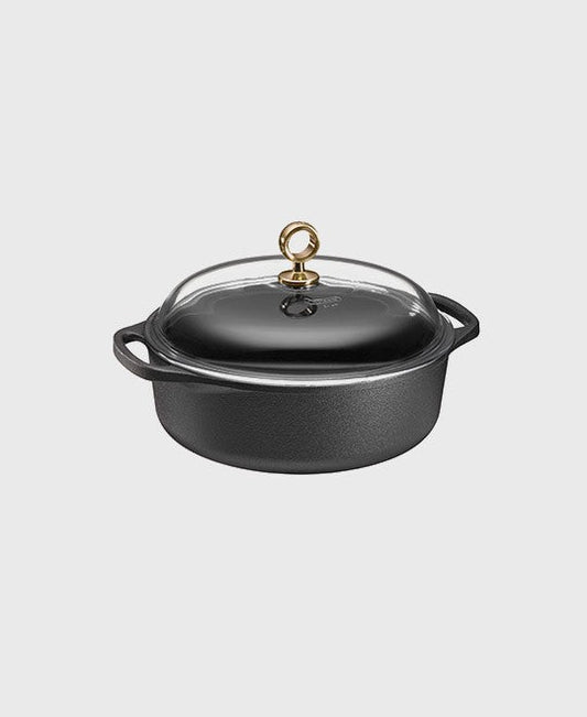 Black cast iron casserole 3 L round with glass lid and brass knob