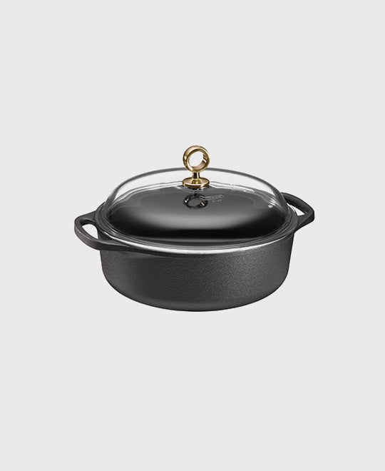 Black cast iron casserole 3 L round with glass lid and brass knob