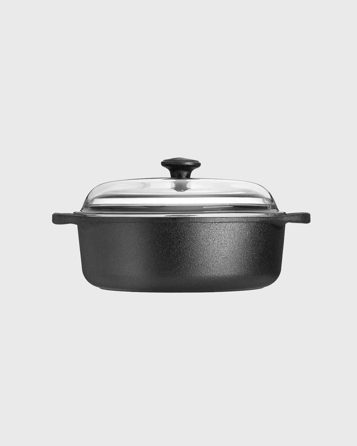 Black cast iron casserole 3 L round with glass lid and two iron handles