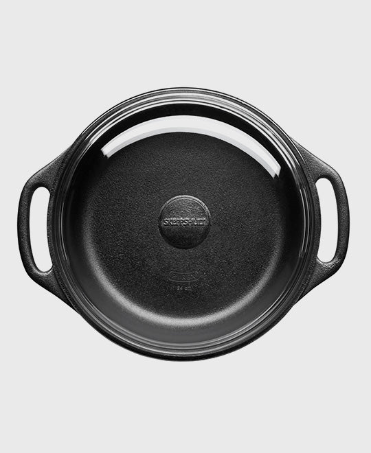 Black cast iron casserole 3 L round with glass lid and two iron handles