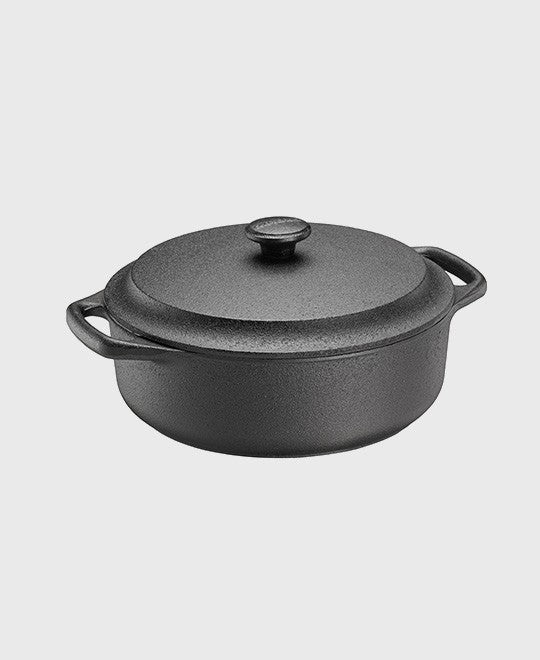 Black cast iron casserole 3 L round with iron lid and two iron handles