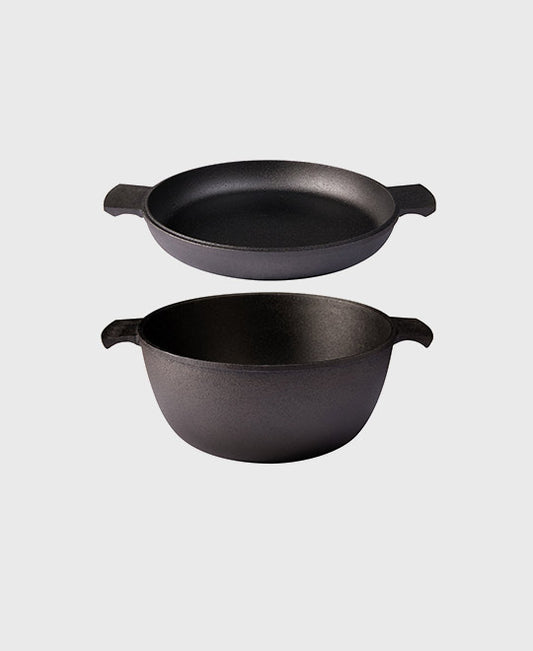 Black cast iron casserole 4,5 L and frying pan 27 cm round 