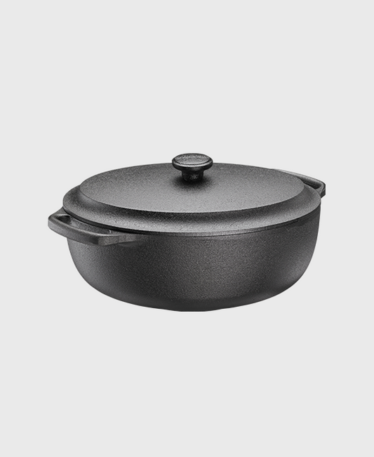 Black cast iron casserole 4 L oval with iron lid and two iron handles