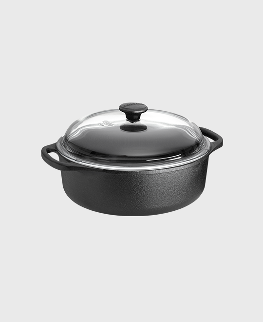 Black cast iron casserole 4 L round with glass lid and two iron handles