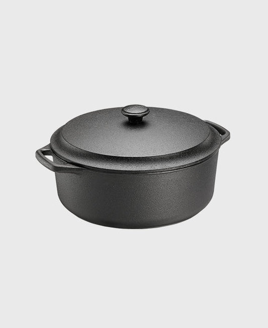 Black cast iron casserole 4 L round with iron lid and two iron handles