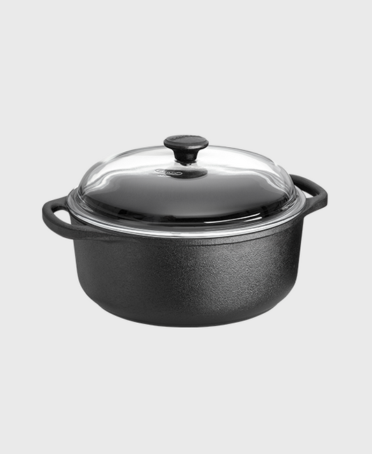 Black cast iron casserole 5,5 L round with glass lid and two iron handles