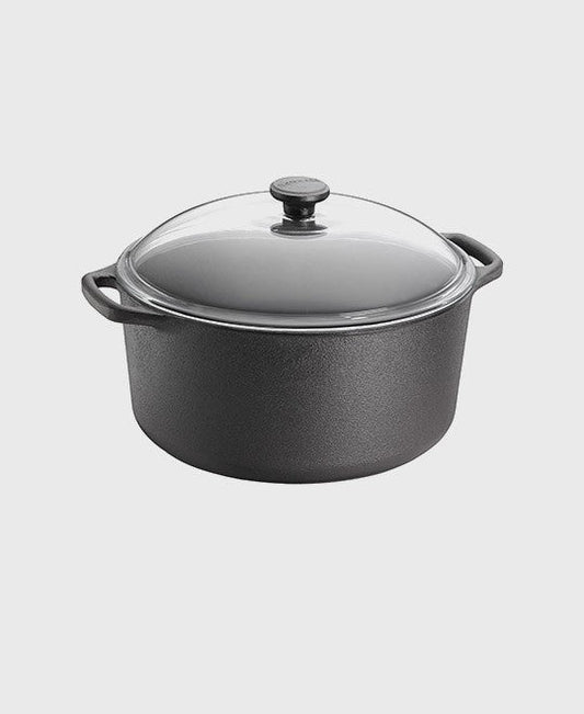 Black cast iron casserole 7 L round with glass lid and two iron handles
