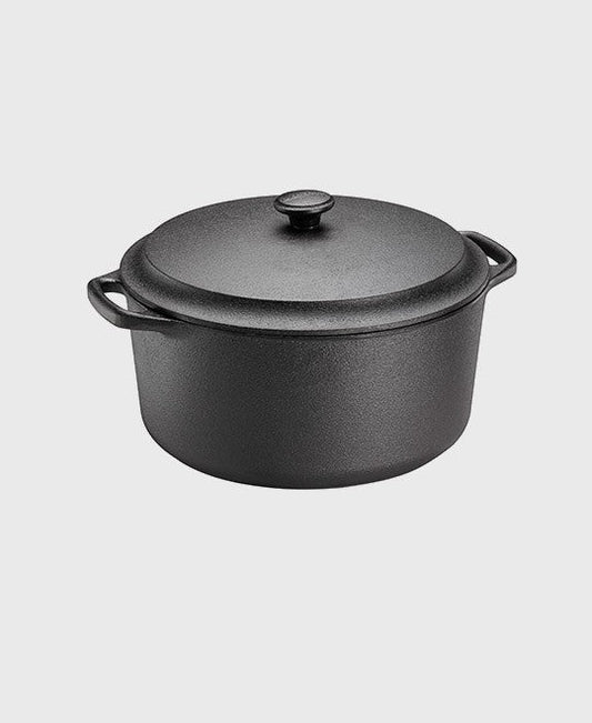 Black cast iron casserole 7 L round with iron lid and two iron handles