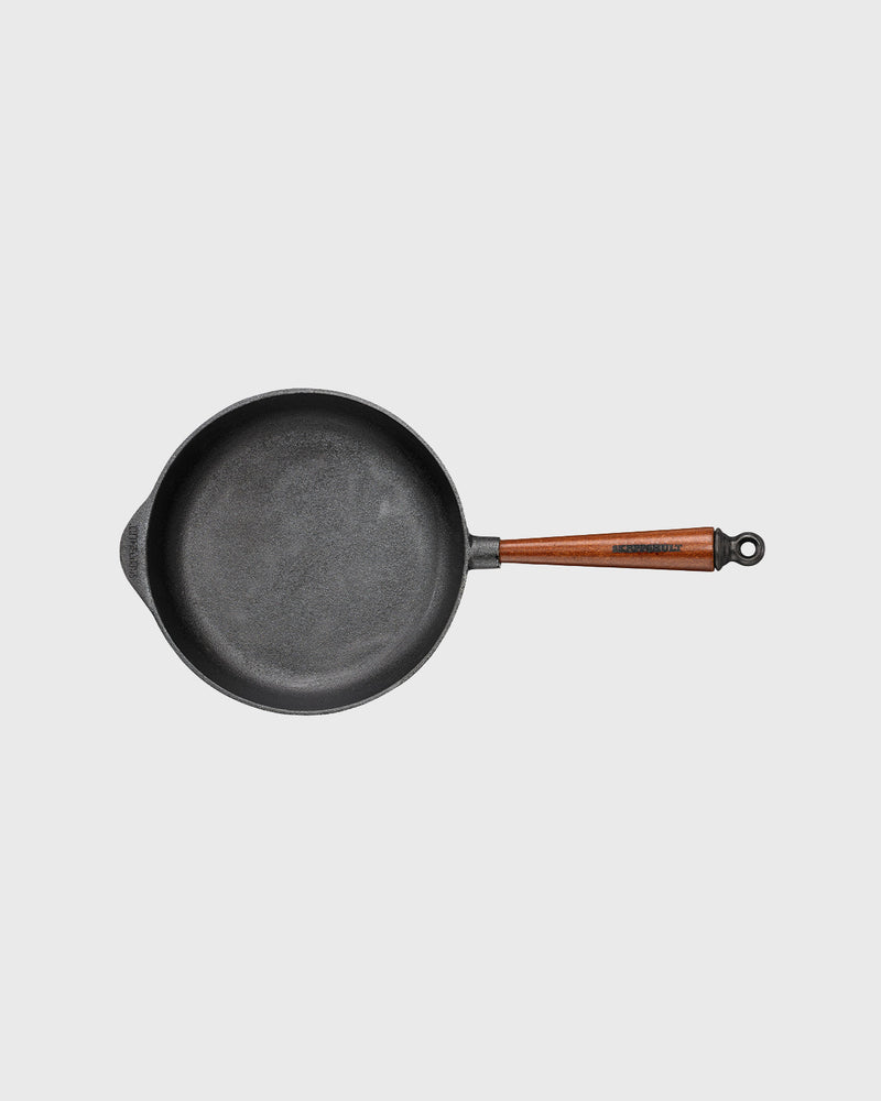 Black cast iron deep pan 25 cm round with beechwood handle