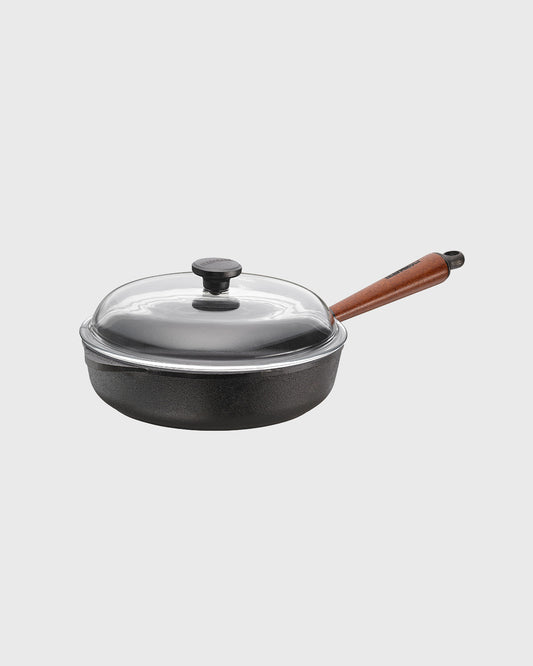 Black cast iron deep pan 25 cm round with glass lid and beechwood handle