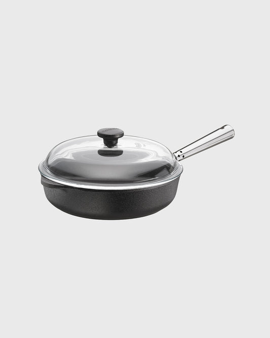 Black cast iron deep pan round 25 cm with glass lid and self-ventilating stainless steel handle