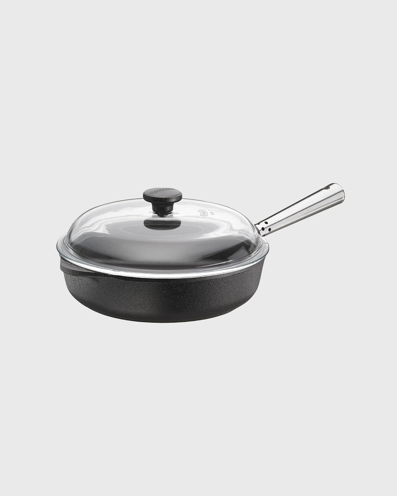 Black cast iron deep pan round 25 cm with glass lid and self-ventilating stainless steel handle