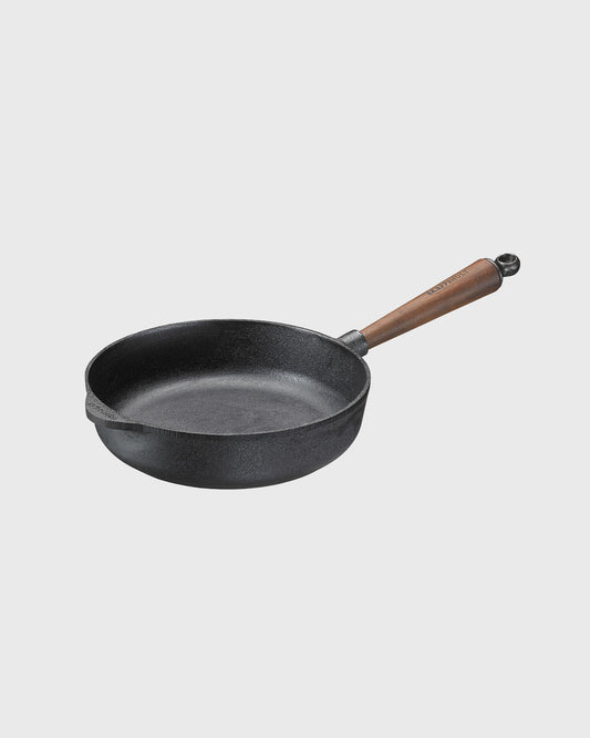 Black cast iron deep pan 25 cm round with walnut handle