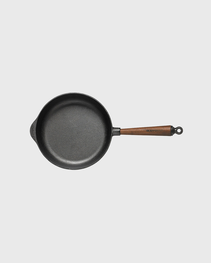 Black cast iron deep pan 25 cm round with walnut handle