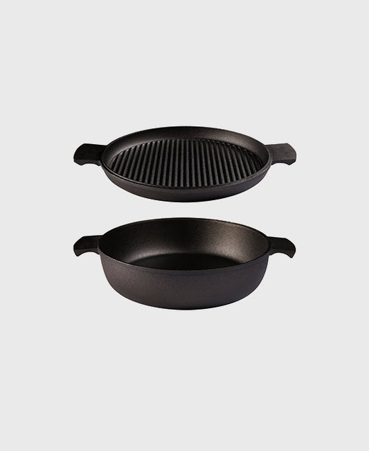 Black cast iron deep and grill pan 27 cm round 