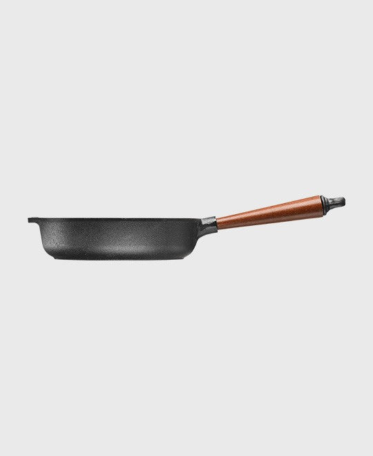 Black cast iron deep pan round 20 cm with beechwood handle