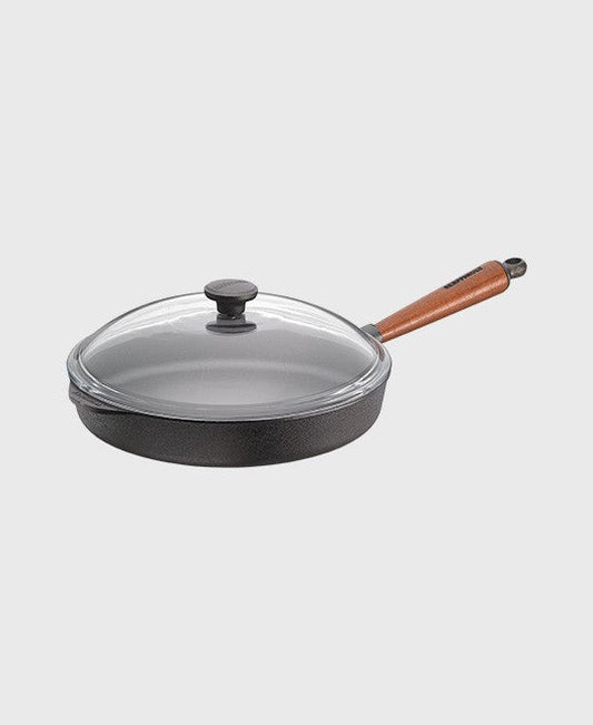 Black cast iron deep pan round 28 cm with glass lid and beechwood handle